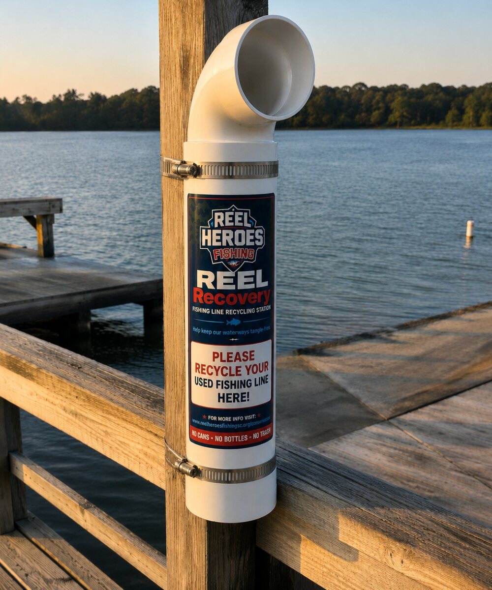 REEL Heroes Fishing REEL Recovery monofilament fishing line recycling station on a South Carolina dock at sunset
